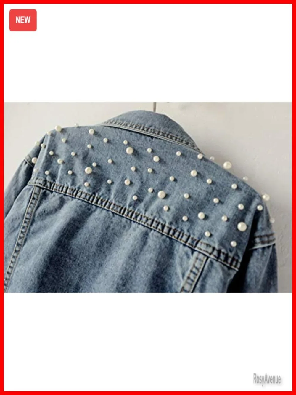 Oversized Denim Jacket with Pearls Beading Long Sleeve Button Up